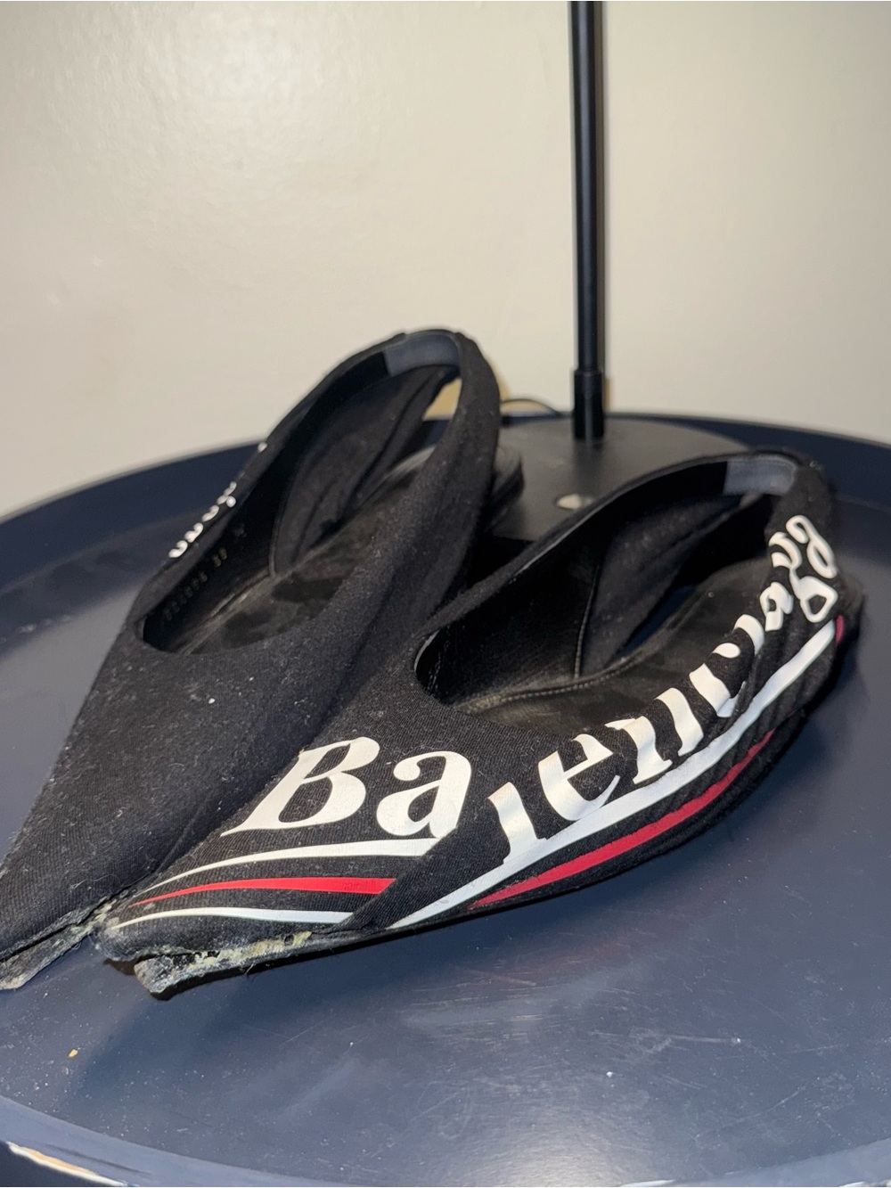 Balenciaga Black Logo Pointed Toe Slingback Flats with Red Accent